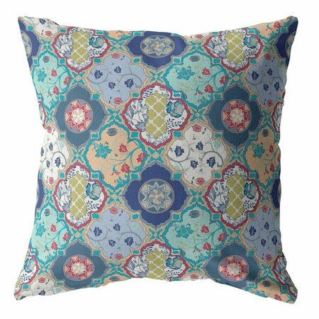 PALACEDESIGNS 16 in. Trellis Indoor & Outdoor Throw Pillow Moss Green Blue & Peach PA3089594